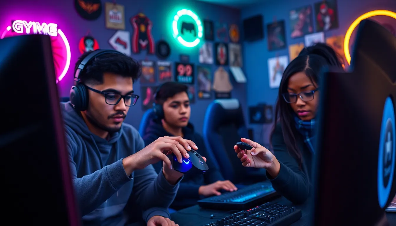 diverse gamers focused on high-performance computers in a modern gaming room.