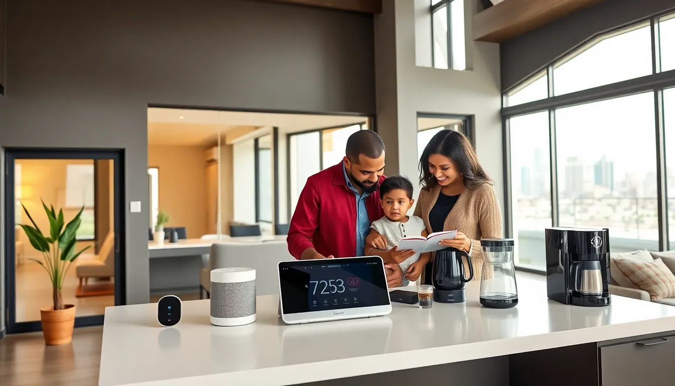 family interacting with smart home technology in a modern kitchen.