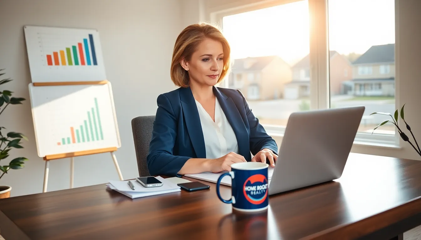 A woman in a home office, focused on her laptop, symbolizing real estate management.