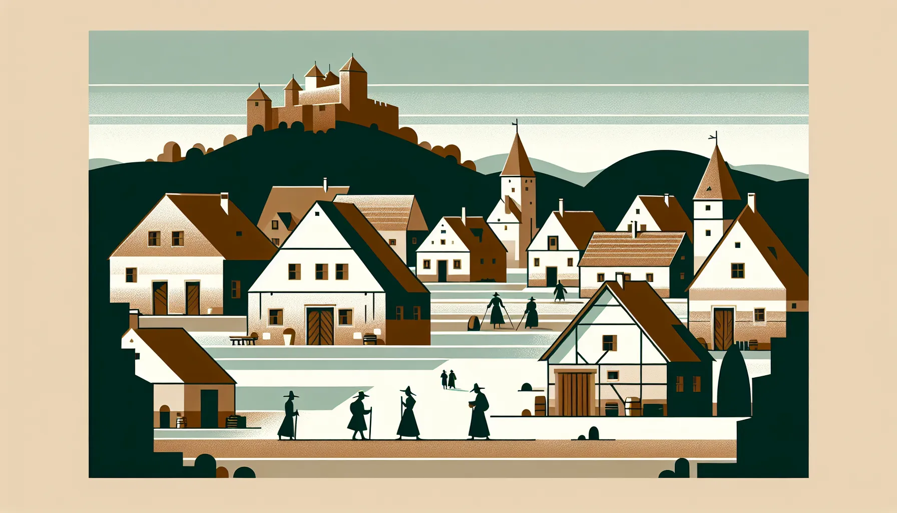 Simple village illustration with peasant cottages and distant castle in Croatian countryside
