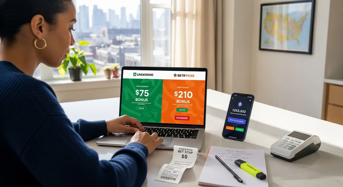 Underdog and Betr Picks: Get $75 and $210 Crypto Bonuses 1 Person comparing $75 Underdog and $210 Betr Picks bonuses on laptop and phone.
