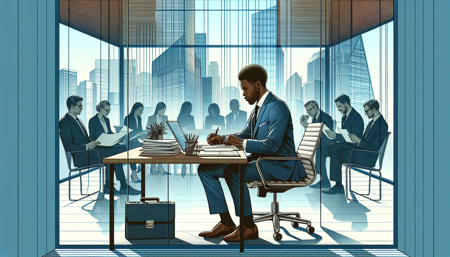 A professional working at a desk in a modern office environment.