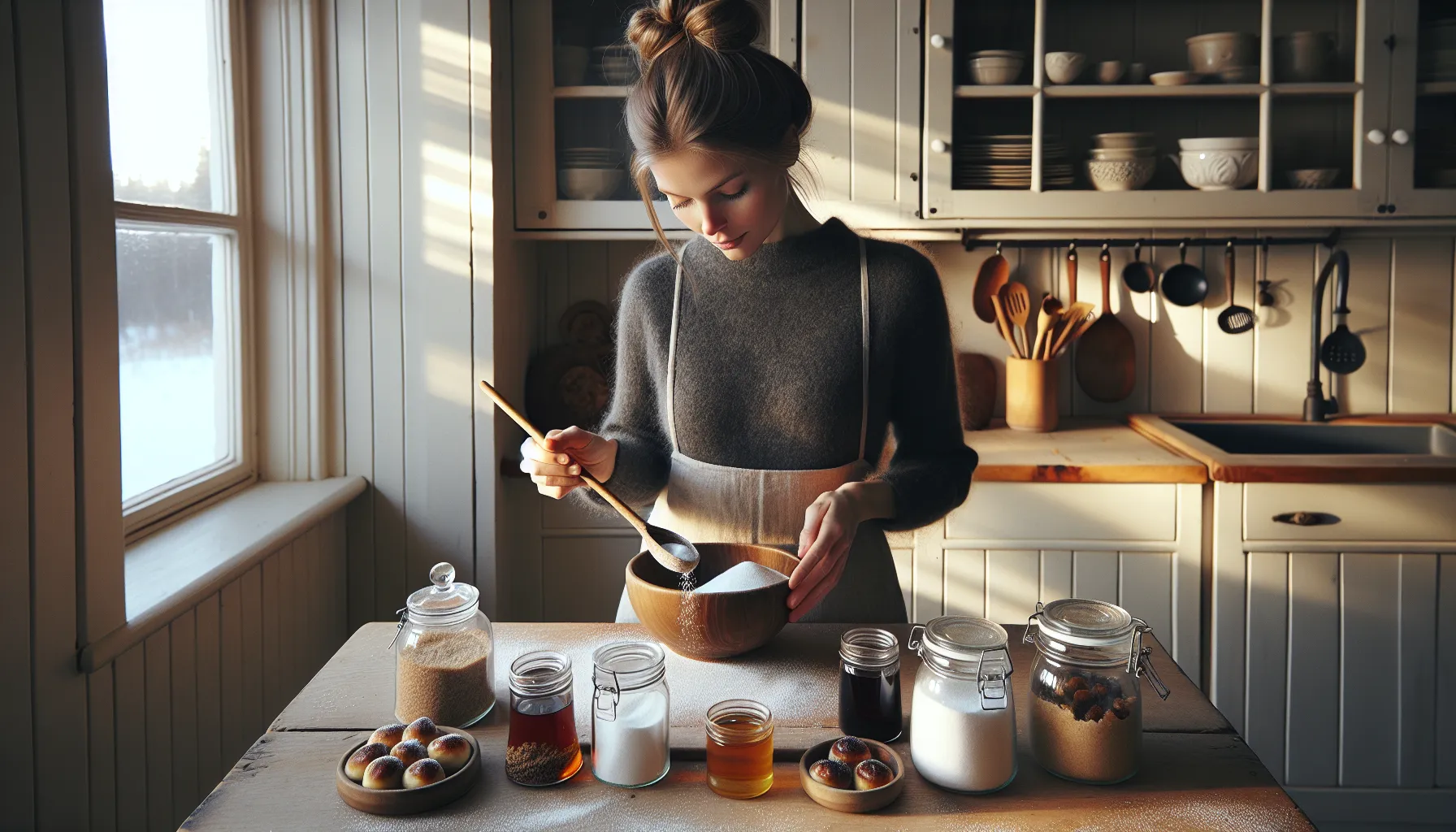 Norwegian home baker measuring coconut sugar among healthier baking sweeteners.