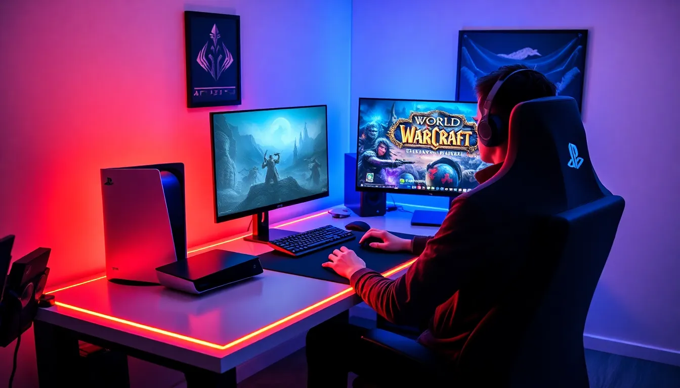 gamer in a modern room with World of Warcraft on the screen.