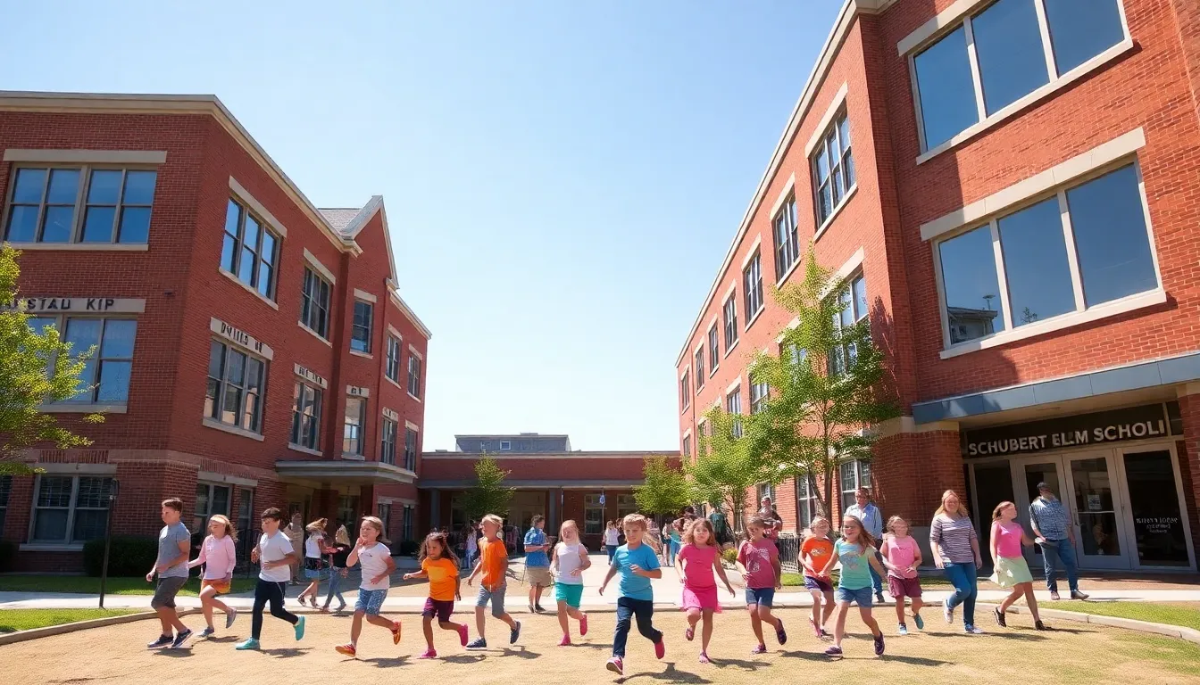 Schubert Elementary School blending historic architecture with modern students at play.