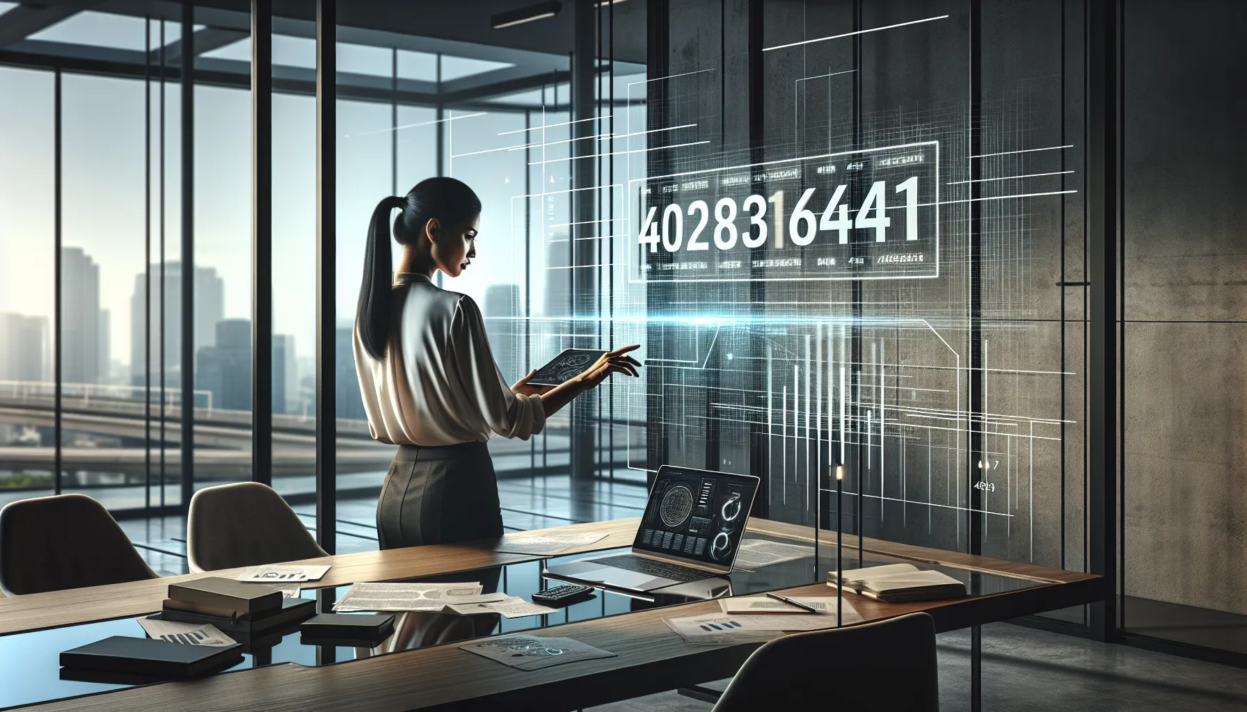 professional analyzing the number 4028364541 in a modern office.