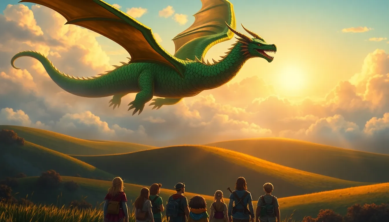 Majestic dragon soaring over Hyrule landscape with adventurers watching.