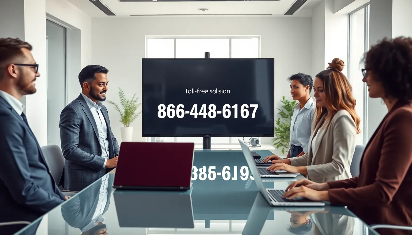 diverse team in a modern office discussing a toll-free number.