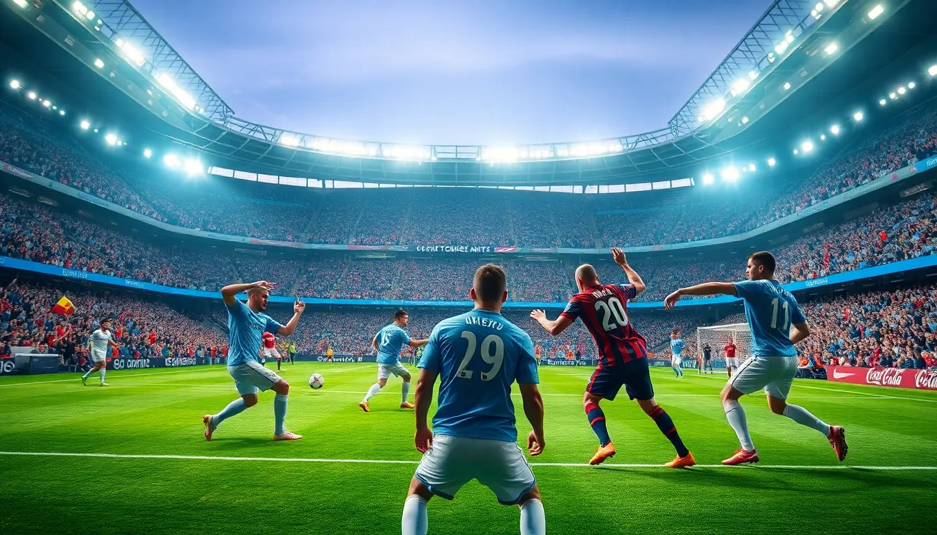 football match in a vibrant stadium with excited fans.