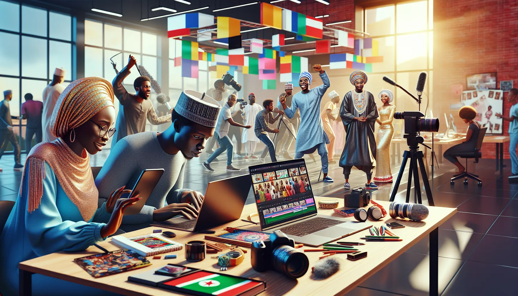 diverse creators producing multimedia content in a modern workspace.