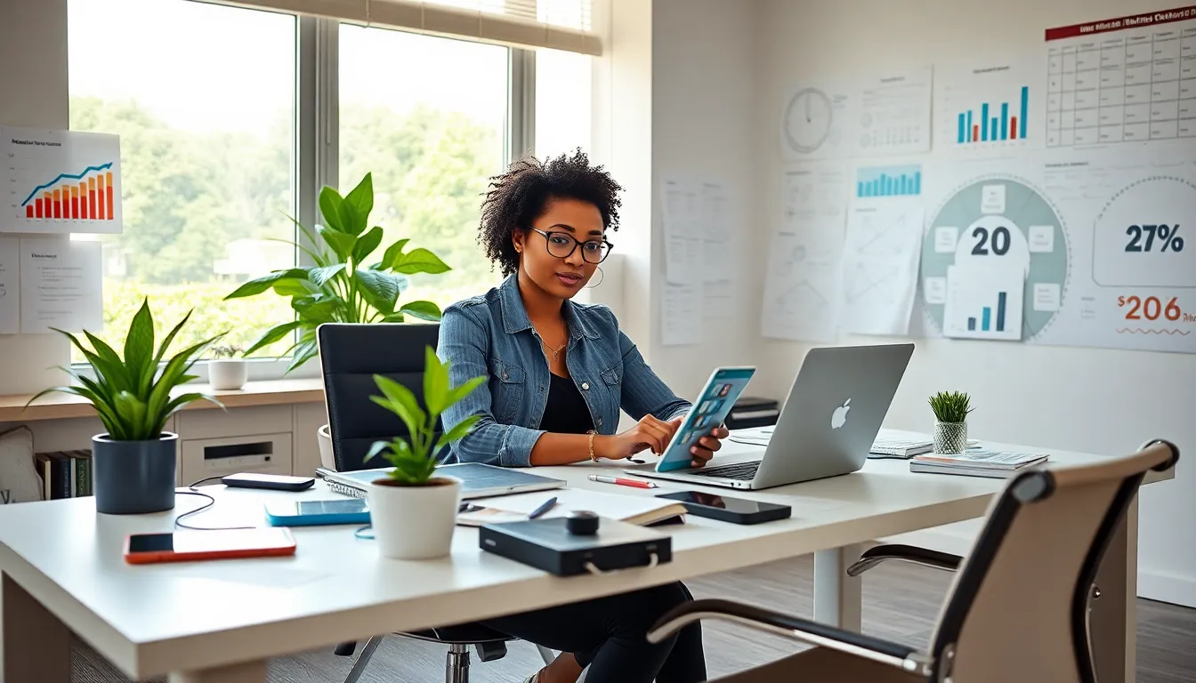 a young entrepreneur working in a modern office with tech devices.