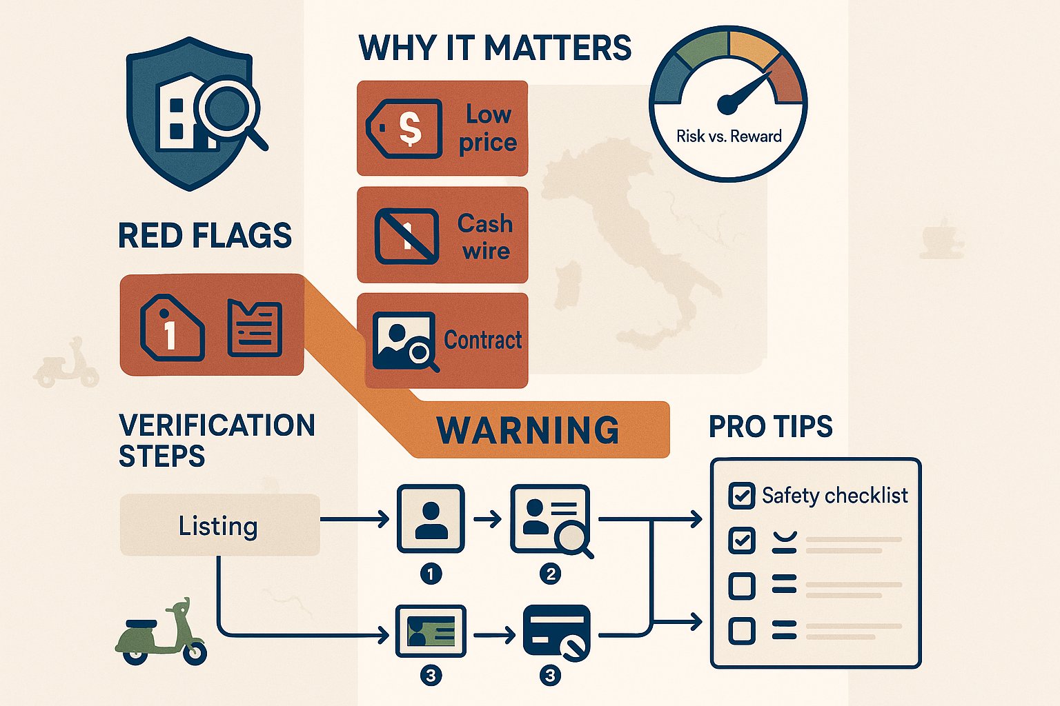 Infografica in stile checklist che mostra come valutare in sicurezza gli annunci di alloggi condivisi in Italia.