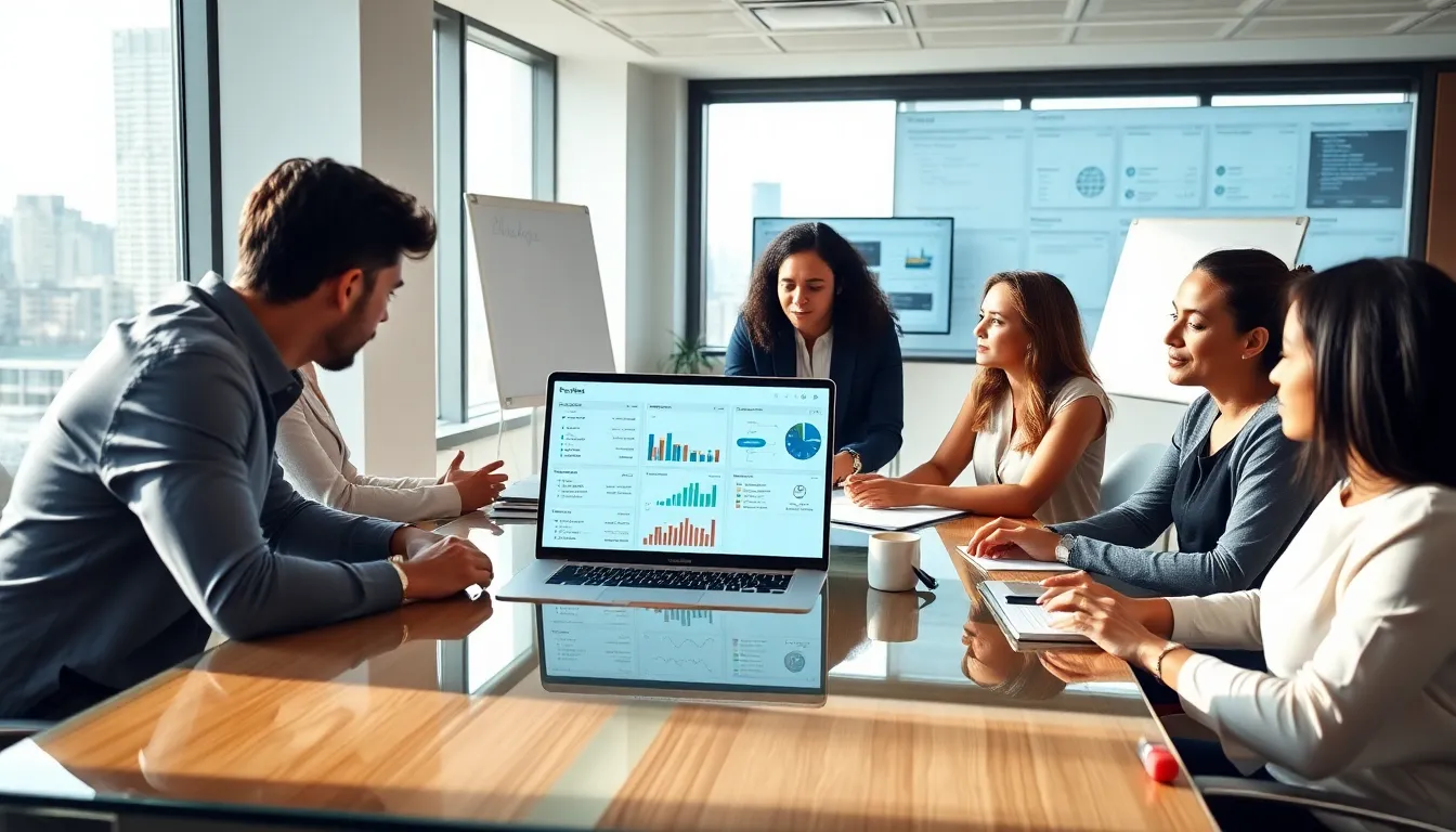 team collaborating on custom business application development in a modern office.