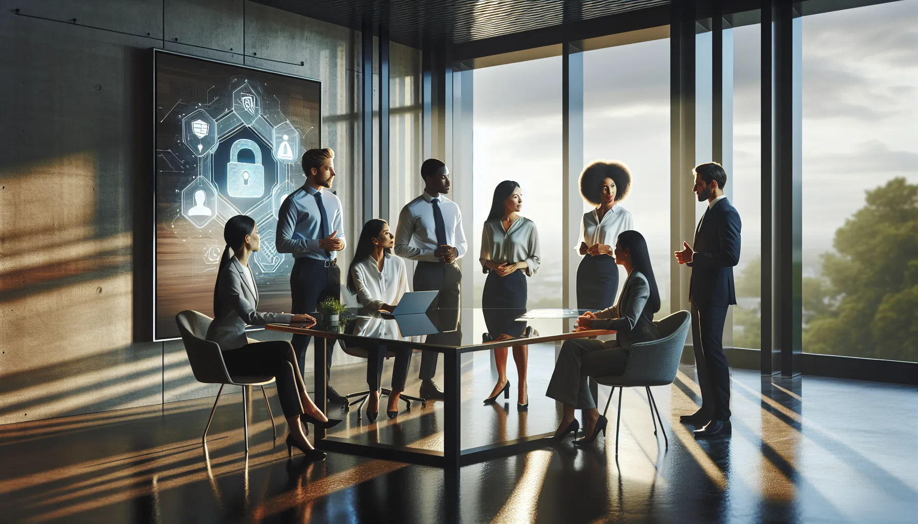 professionals discussing safety and privacy in a modern office.