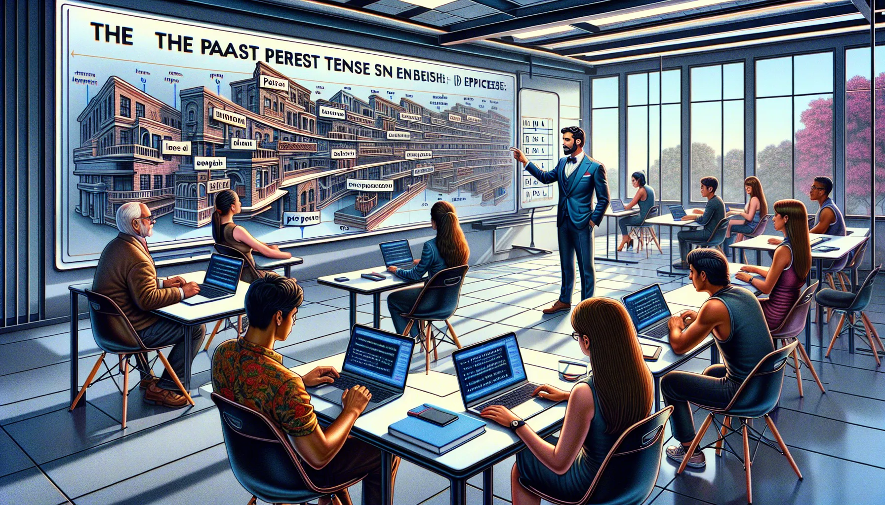Educator explaining Past Perfect tense in a modern classroom to attentive learners.