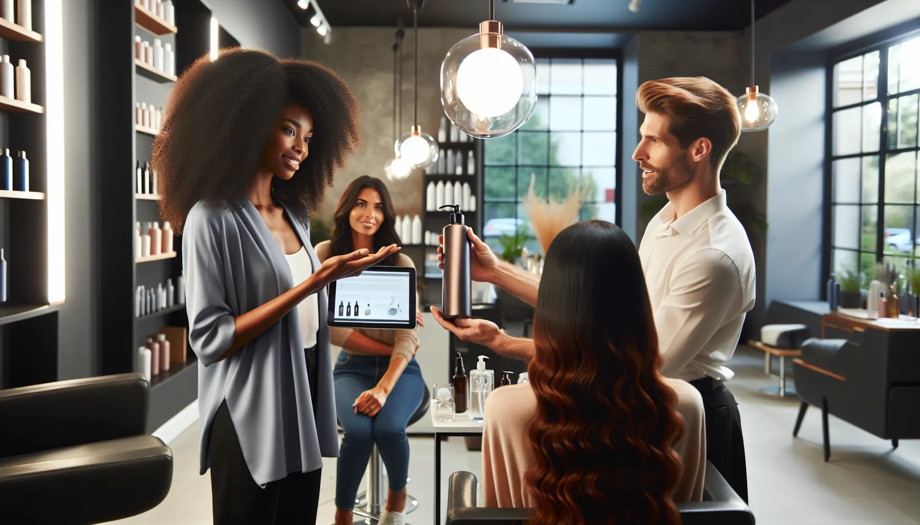 diverse team discussing Hair Luvizac hair care products in a modern salon.