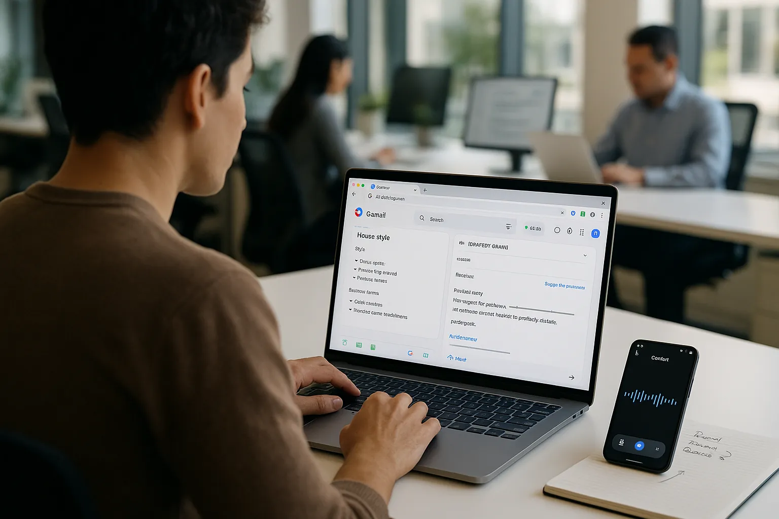 Office worker using Gemini on laptop and phone across Gmail, Docs, and Sheets.