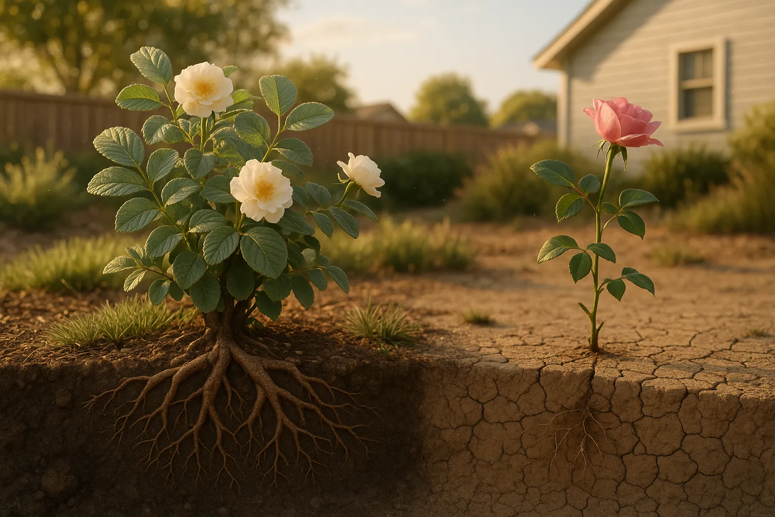 Drought-resistant shrub rose with deep roots beside a shallow-rooted hybrid tea.