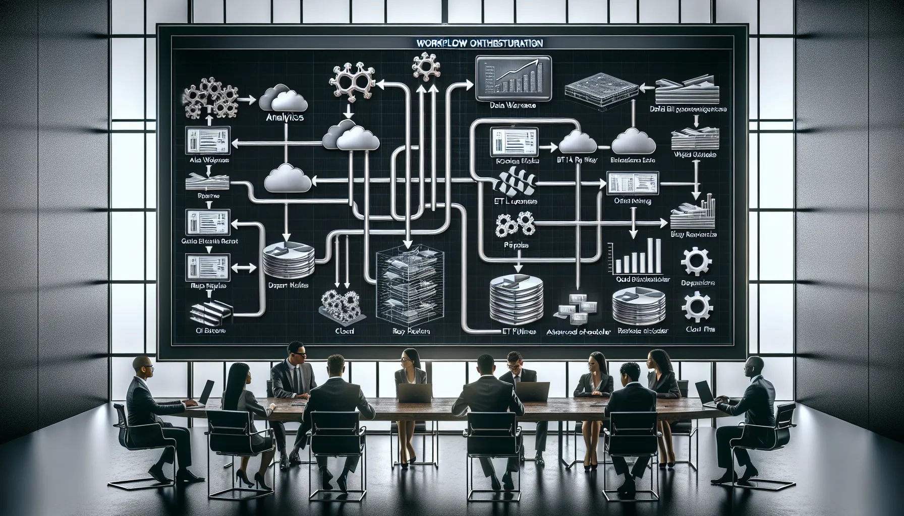 Data professionals reviewing an automated Tableau scheduling and orchestration dashboard in a modern office.
