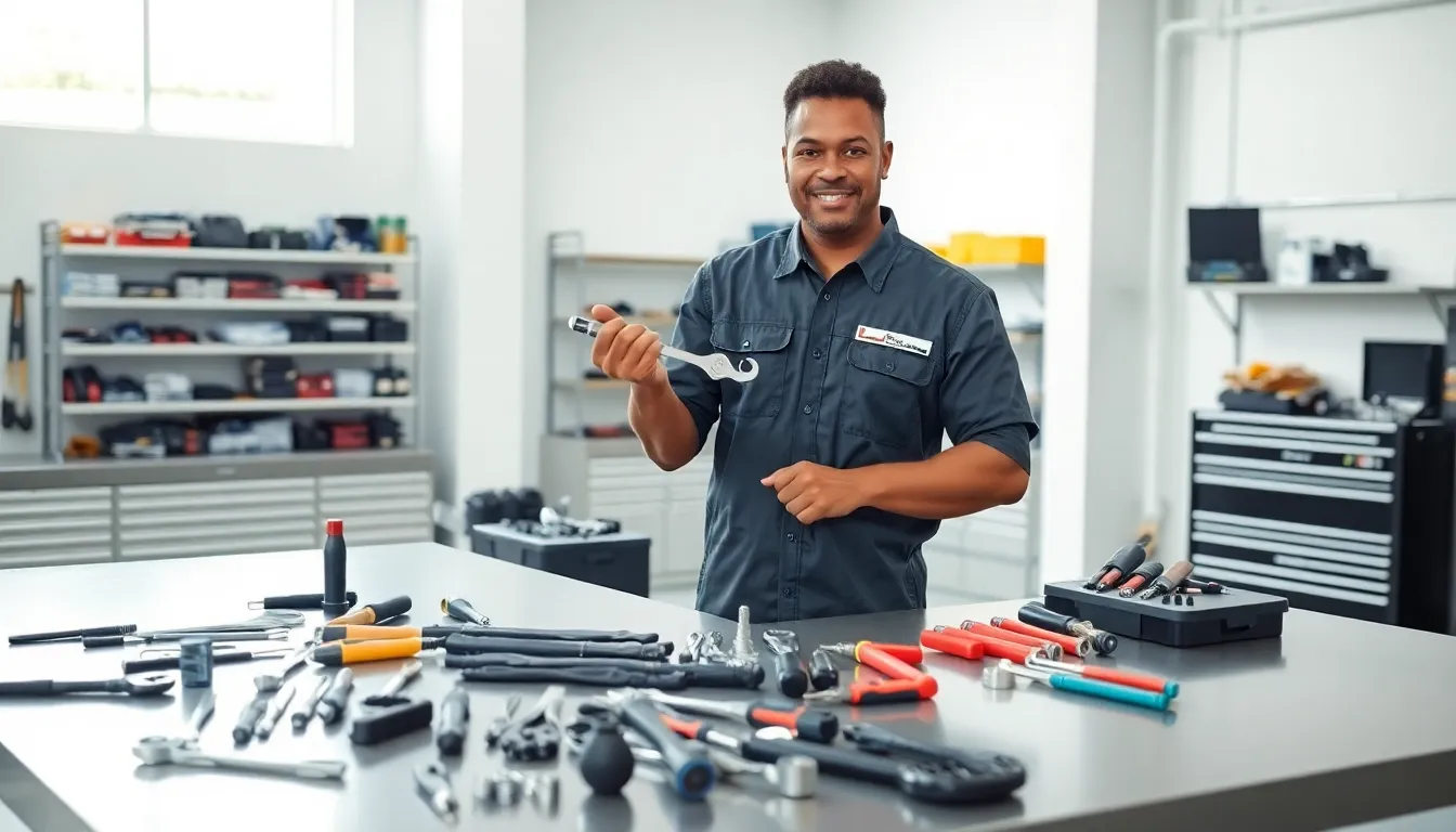 mechanic demonstrating hand tools in a polished automotive workshop.