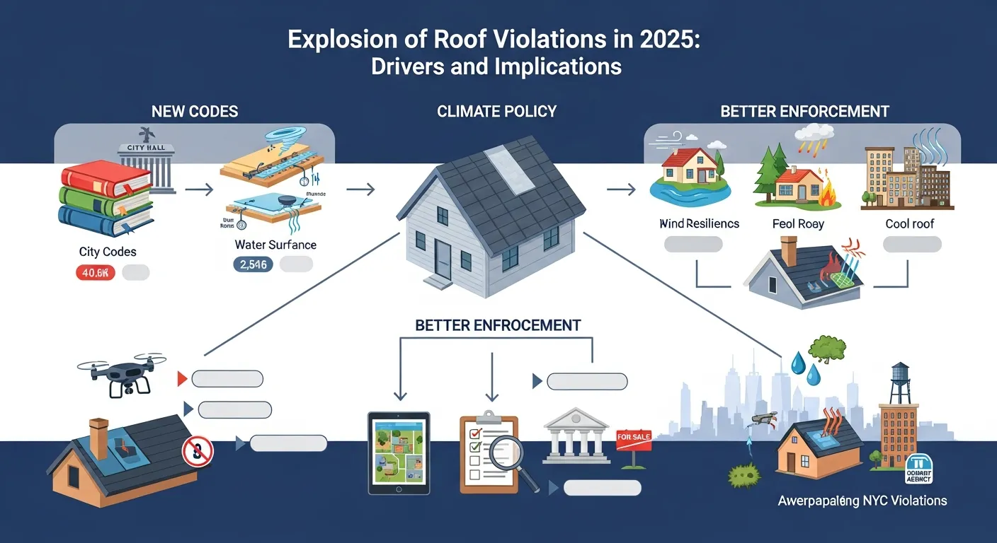 Infographic showing three main forces driving roof violations in 2025 across the U.S.