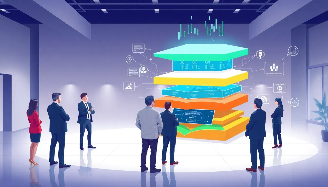 illustration of blockchain layers with diverse professionals in a modern office.
