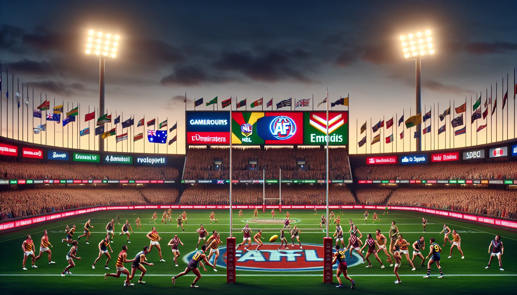 Players engaged in AFL and NRL games in a lively stadium under evening lights.