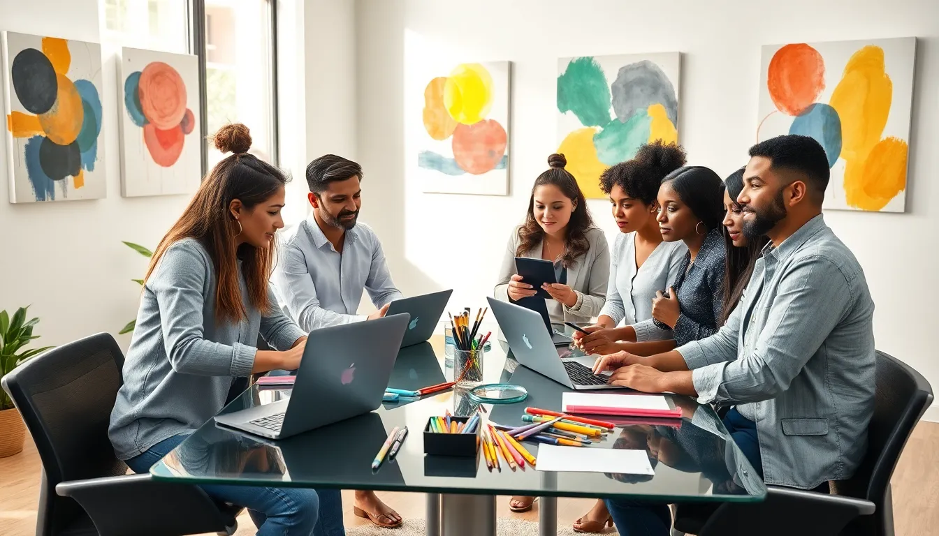 diverse professionals collaborating in a creative workspace.