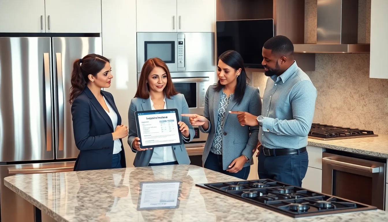 professionals discussing appliance insurance in a modern kitchen.