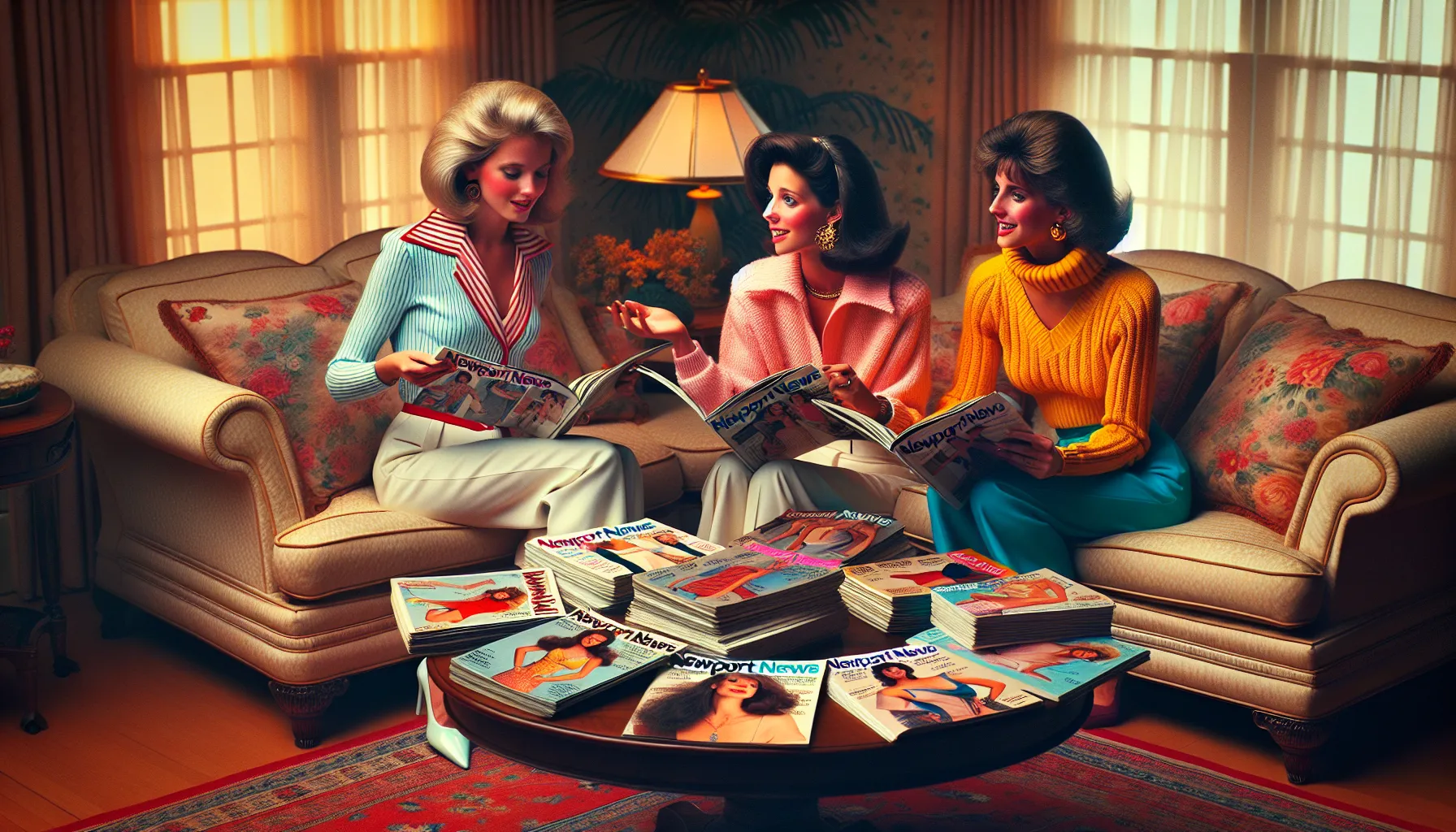 diverse women excitedly looking through Newport News catalogs in a cozy living room.