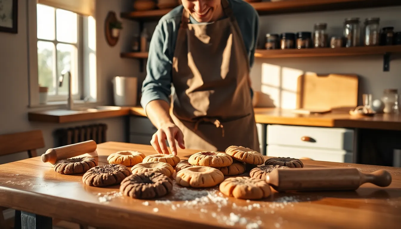 baker arranging artisanal cookies in a cozy kitchen.
