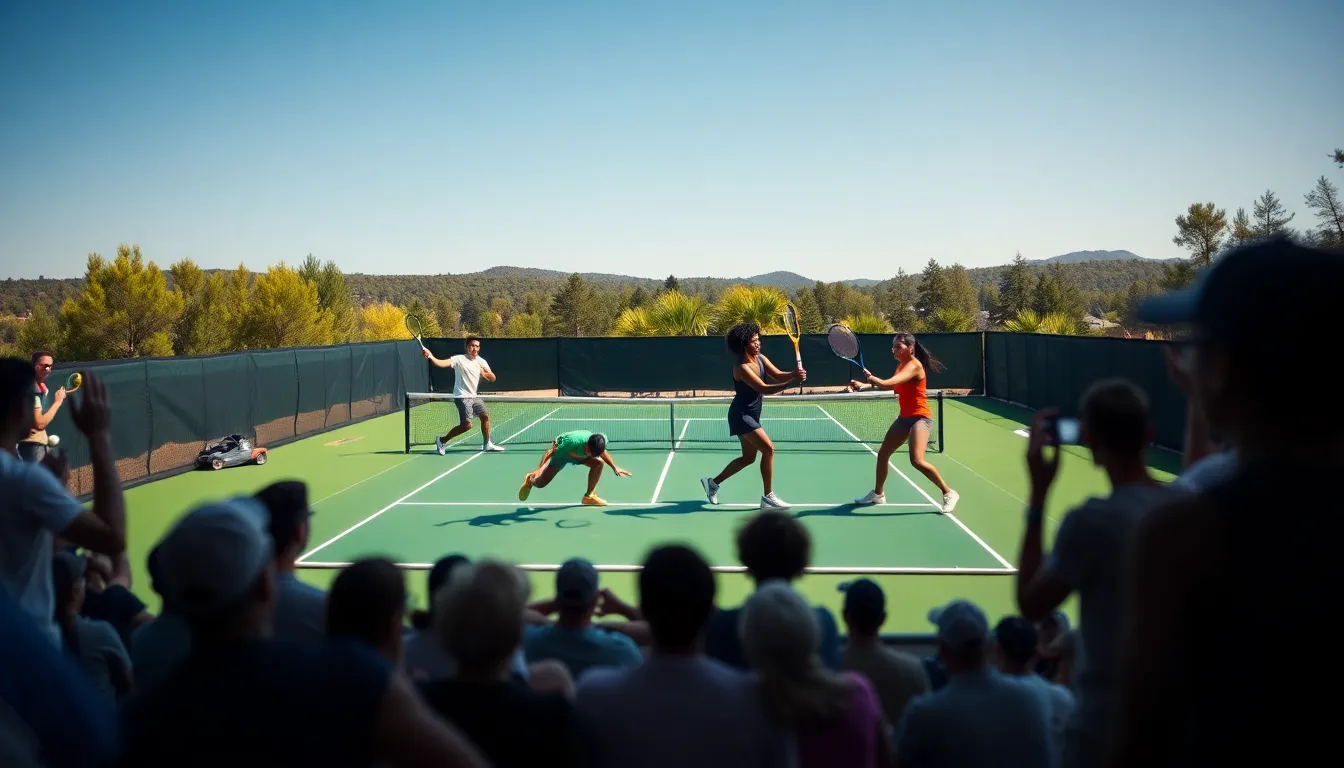 diverse tennis players engaged in a match on a sunny court.