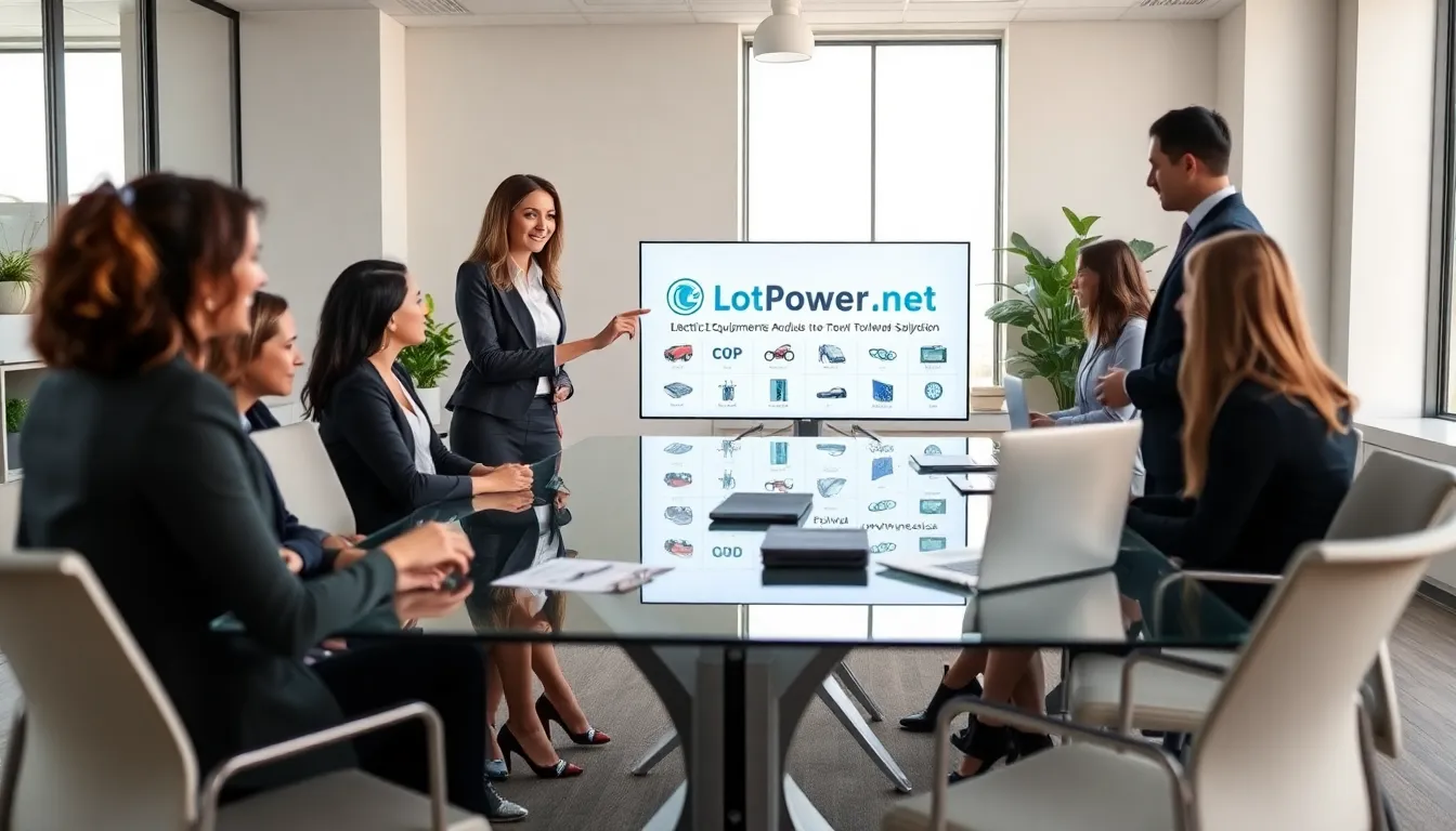 diverse team discussing electric equipment in a modern office setting.