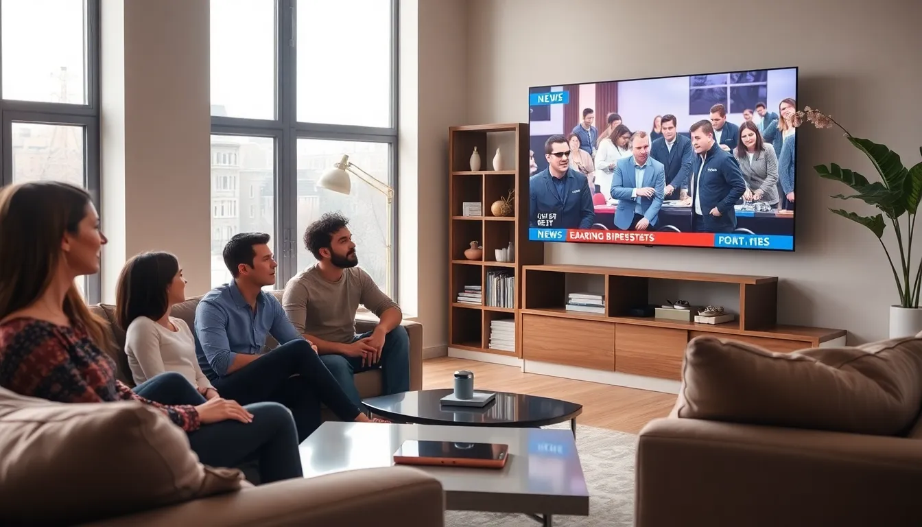 family watching a news broadcast on a modern TV.