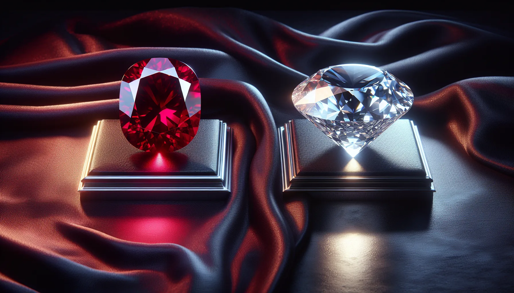 A ruby and a diamond displayed side by side for comparison.
