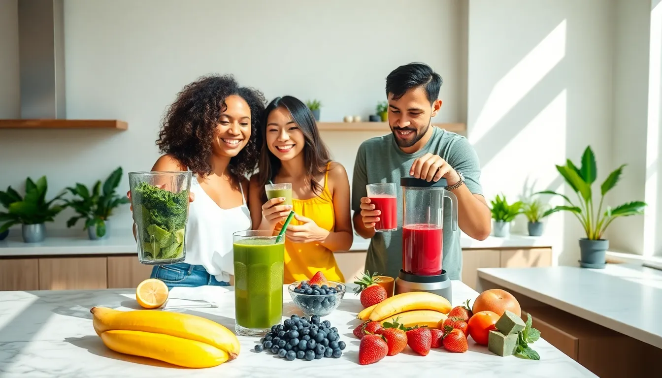 diverse team preparing smoothie recipes in a modern kitchen.