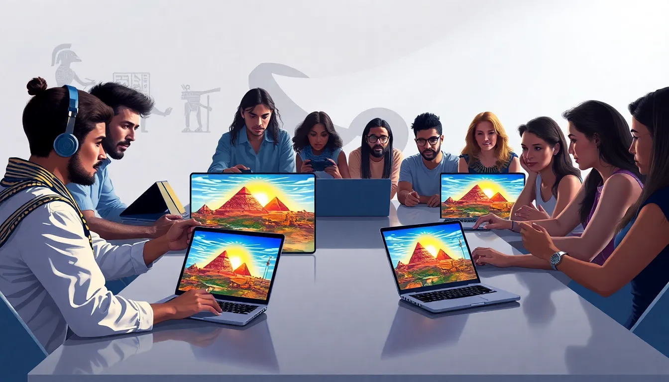 gamers analyzing ancient Egyptian themes in a modern office setting.