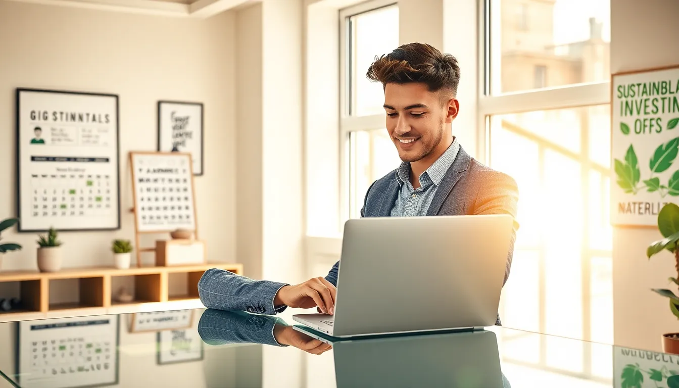 Millennial man analyzing financial data in a bright office.