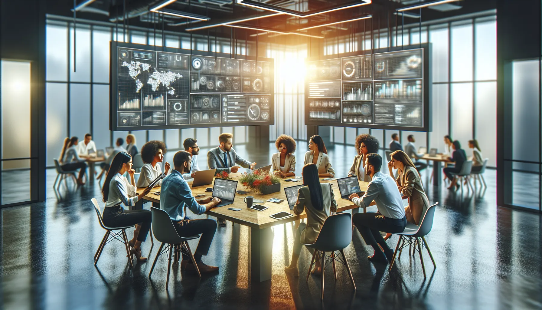 diverse team discussing blog trends in a modern office.