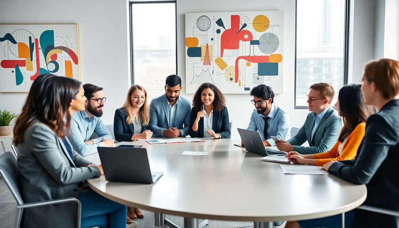 diverse team discussing language evolution in a modern office.