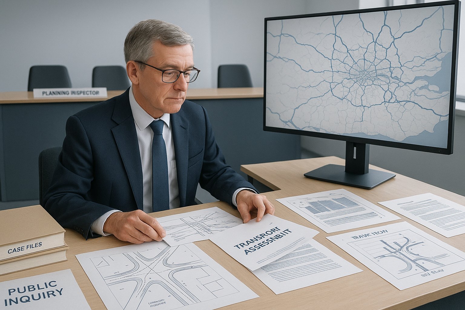 Transport planning expert reviewing evidence in a formal UK planning hearing.