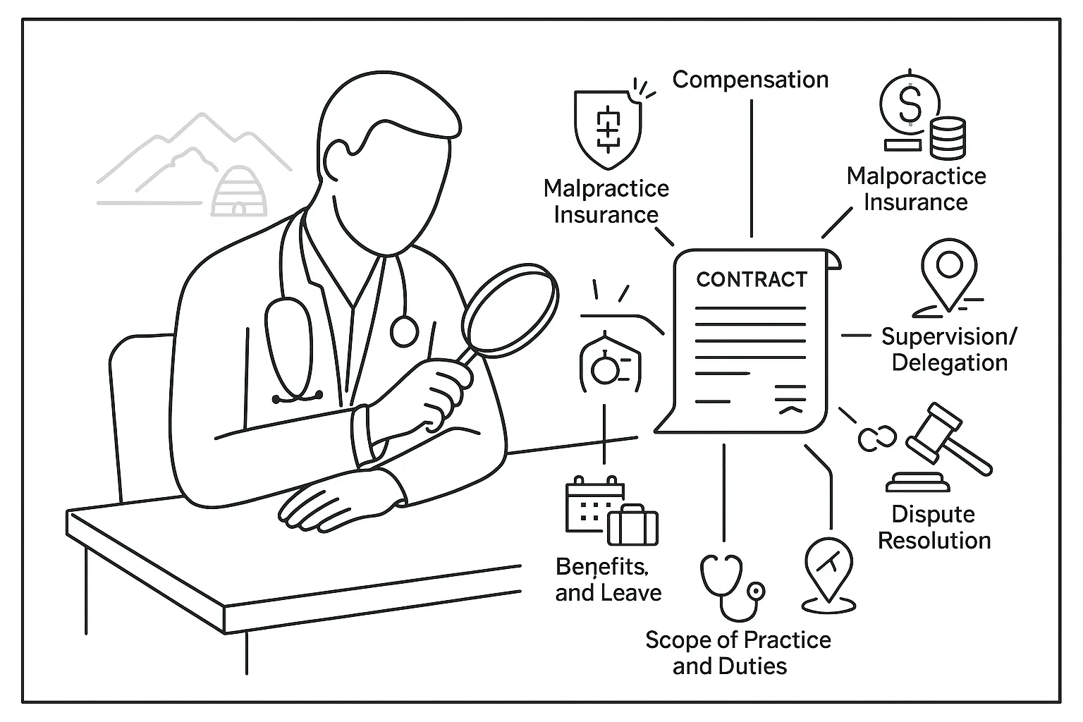 Physician assistant reviewing a contract with legal and compensation icons.