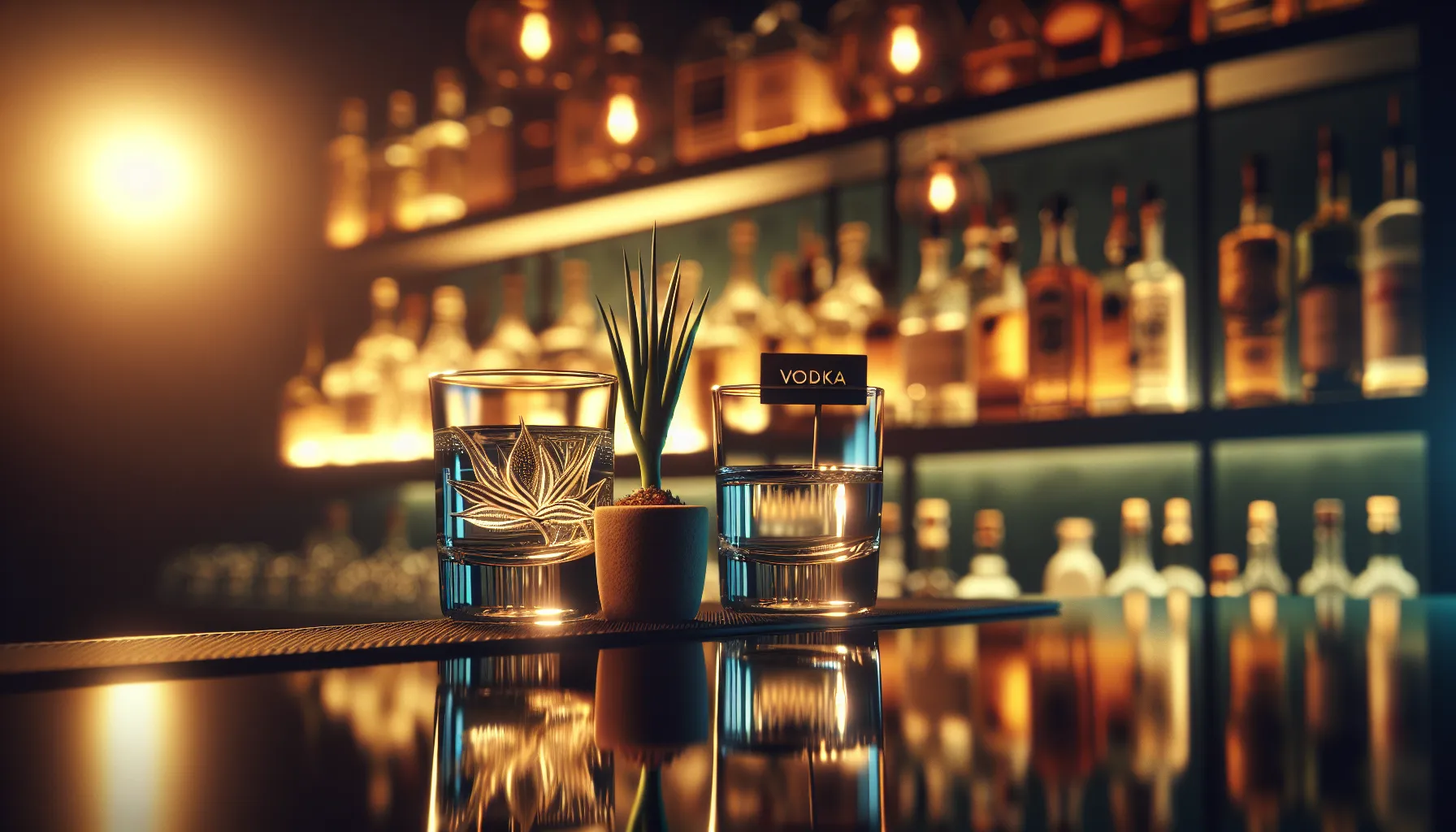 Tequila and vodka glasses displayed side by side in a modern bar setting.