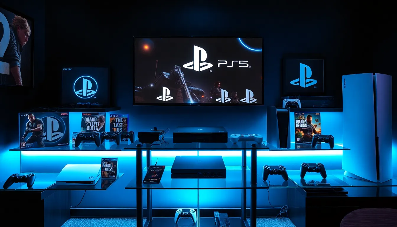 a gaming lounge showcasing various PlayStation consoles throughout the years.