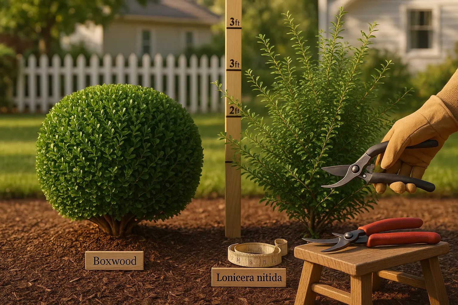 Side-by-side boxwood and Lonicera nitida hedges with pruning shears and measuring stake.
