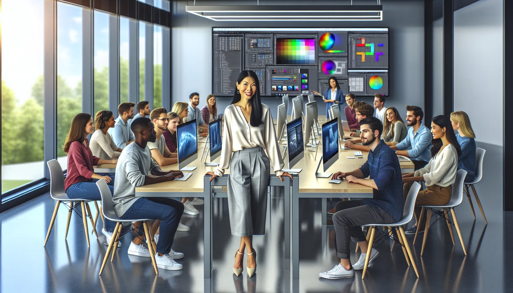 students learning Adobe Photoshop in a modern classroom setting.