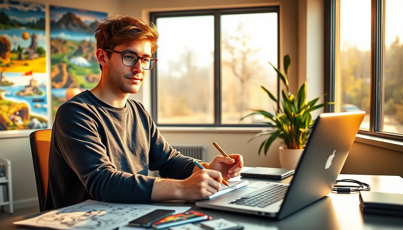 a young game designer working in a creative studio with sketches and graphics.