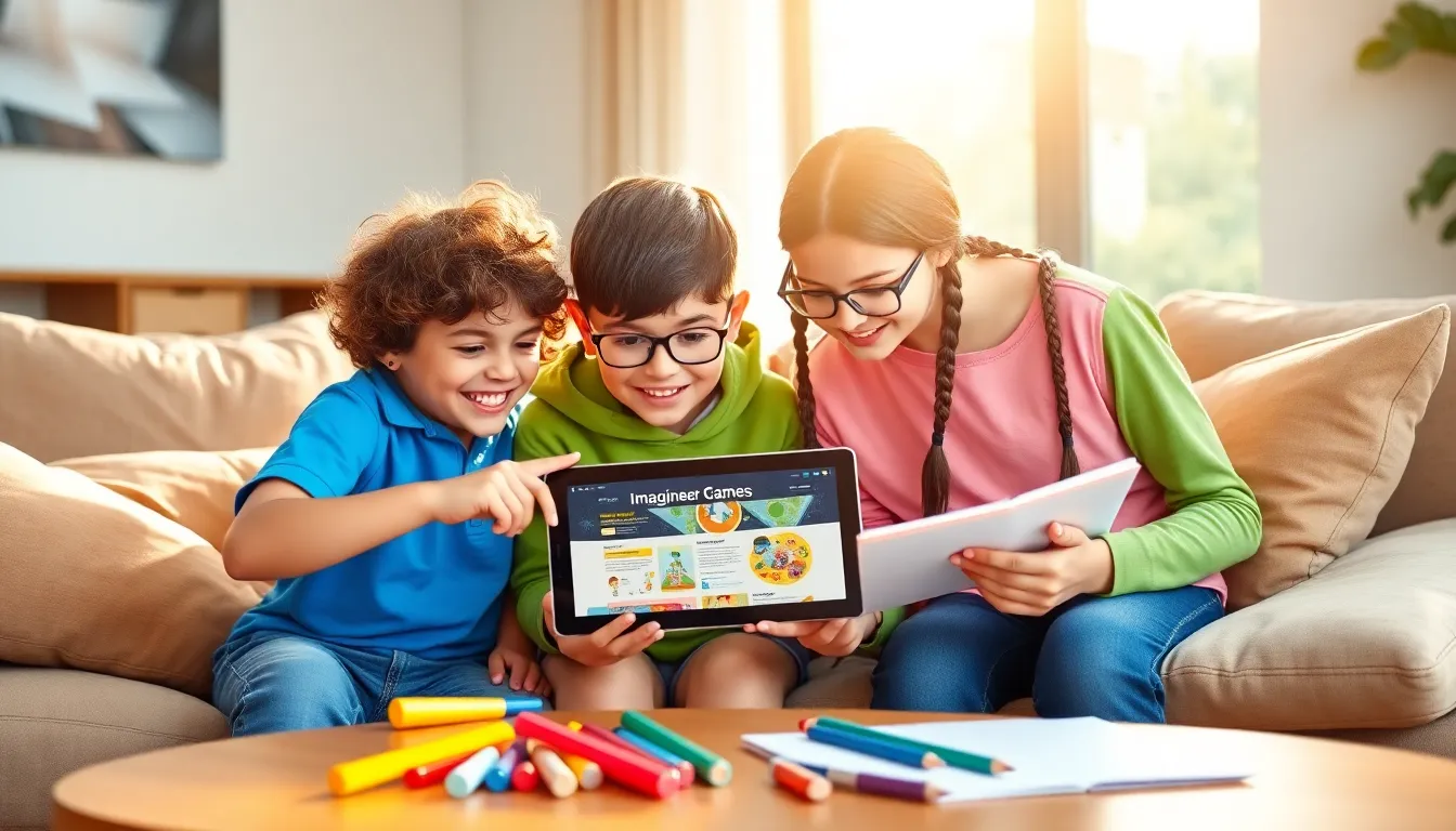 children enjoying creativity with Imagineer Games on a tablet in a living room.