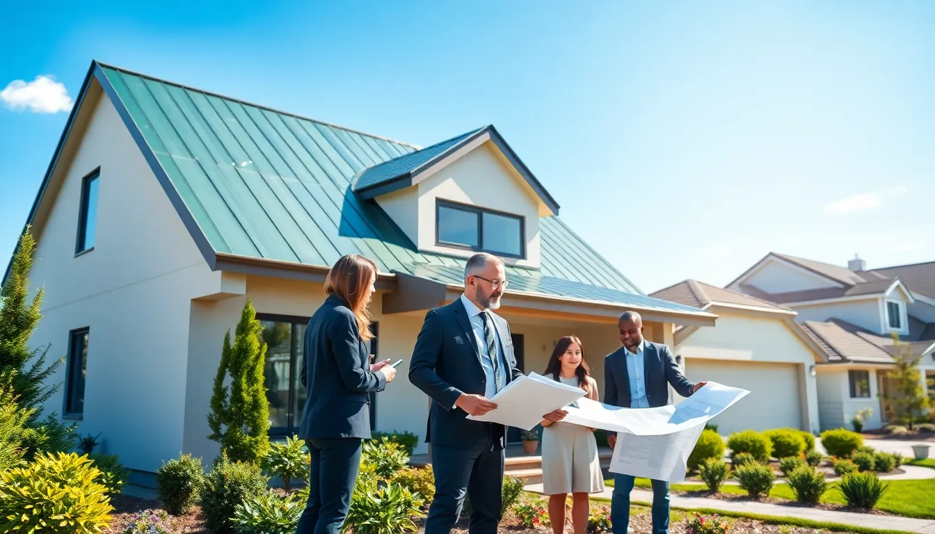 A modern house with green vinyl roofing and professionals discussing roofing options.