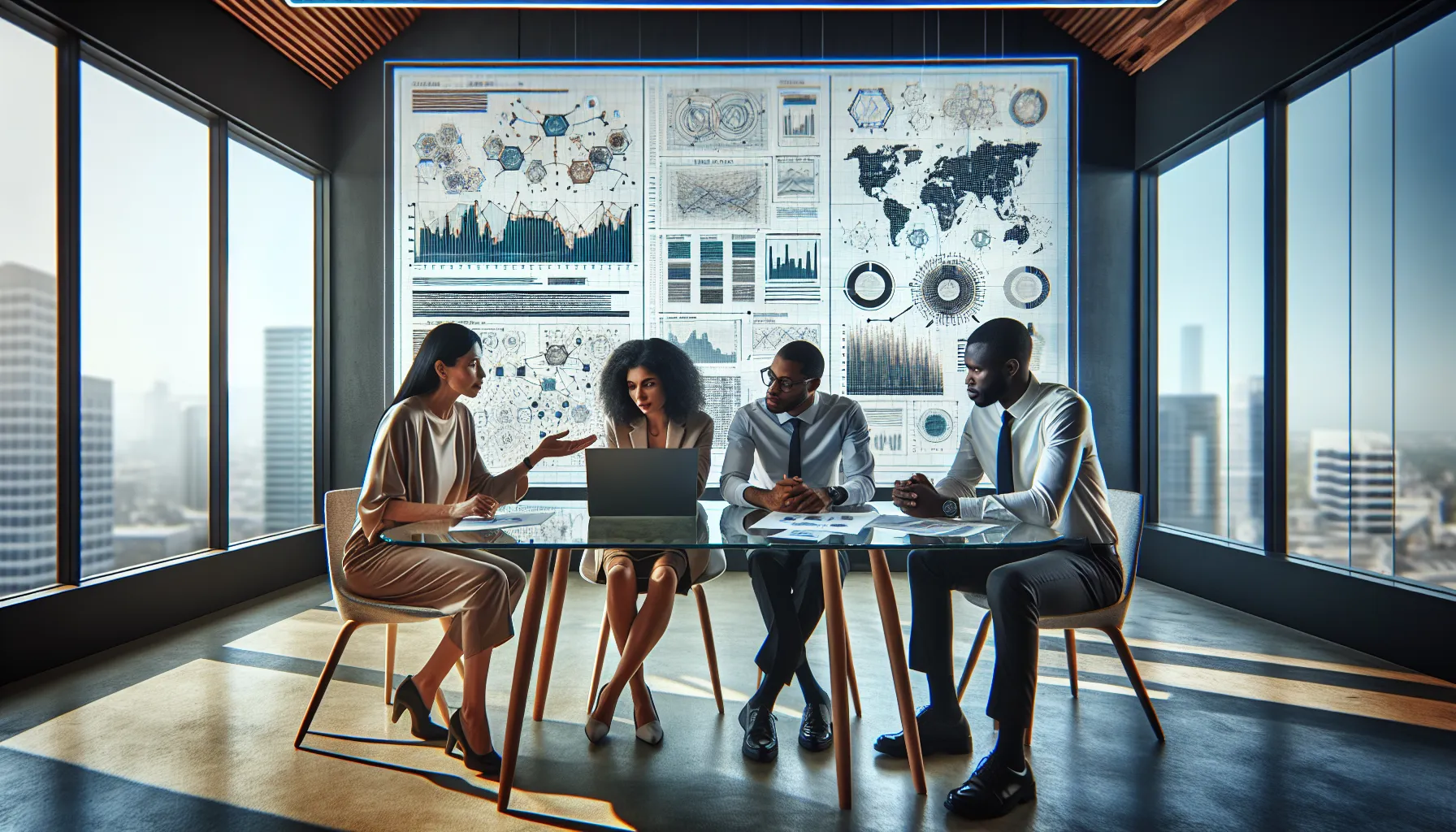 diverse team collaborating on data analysis in a modern office.